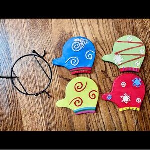 Set of 4 Winter Colorful Mitten Shaped Ceramic Coasters Market Day with Holder